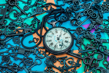 The concept of symbolism. Antique rotten pocket watch with Bronze ornamental keys on a background of multicolored paper sticky notes - Powered by Adobe