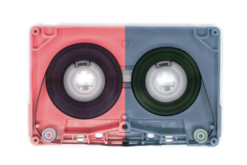 two color old audio cassette tape open