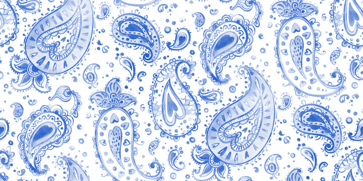 Seamless Paisley Christmas New Year Pattern. Watercolor abstract winter ornament in blue color. Repeating swirl illustration on a white background. Large format.