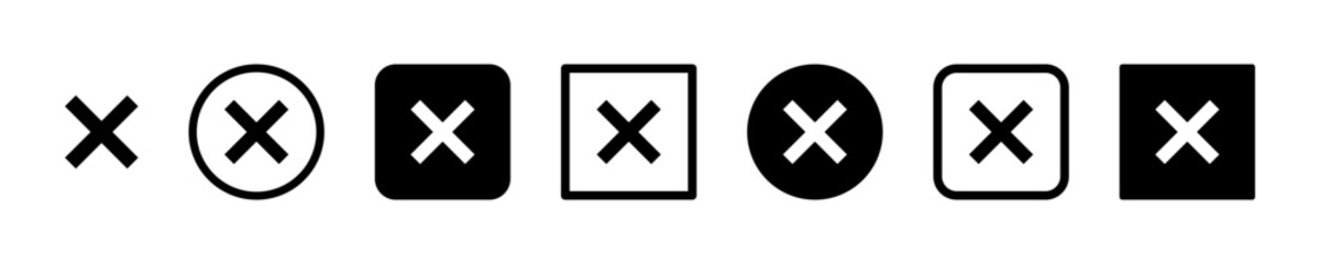 Set of cross signs vector icons. Refuse, incorrect, delete, cancellation, reject or wrong vector signs. Black icons.