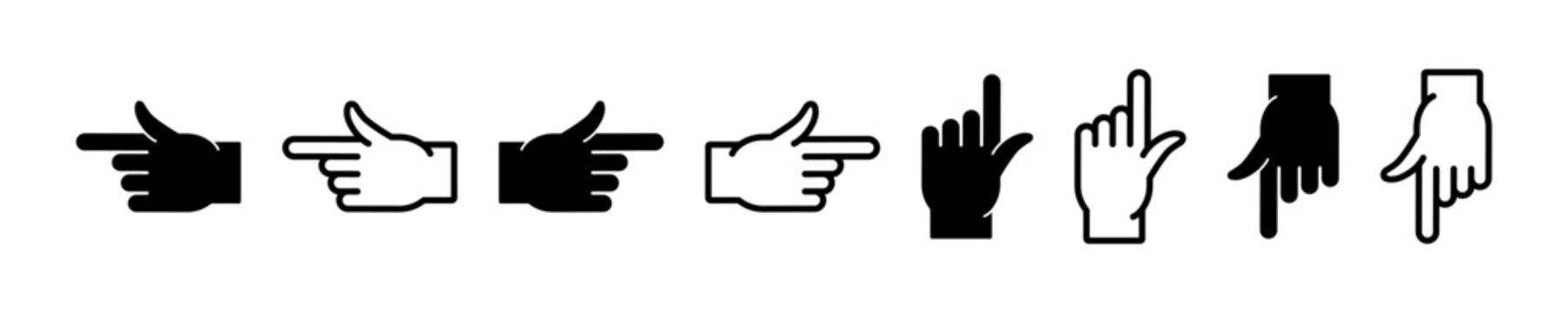 Set of hand pointer vector icons. Finger gesture. Direction on right, left, down and up. Vector 10 Eps.