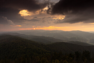 Sunset over the forested hills of the Beskids