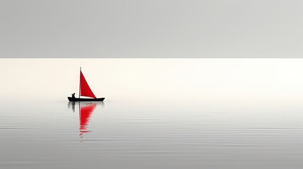 white and black seascape with a single boat, minimalist, copy space, 16:9