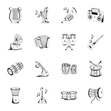 Music Devices and Folk Instruments Glyph Icons 


