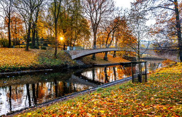 Pedestrian bridge over the river in old city park during autumn