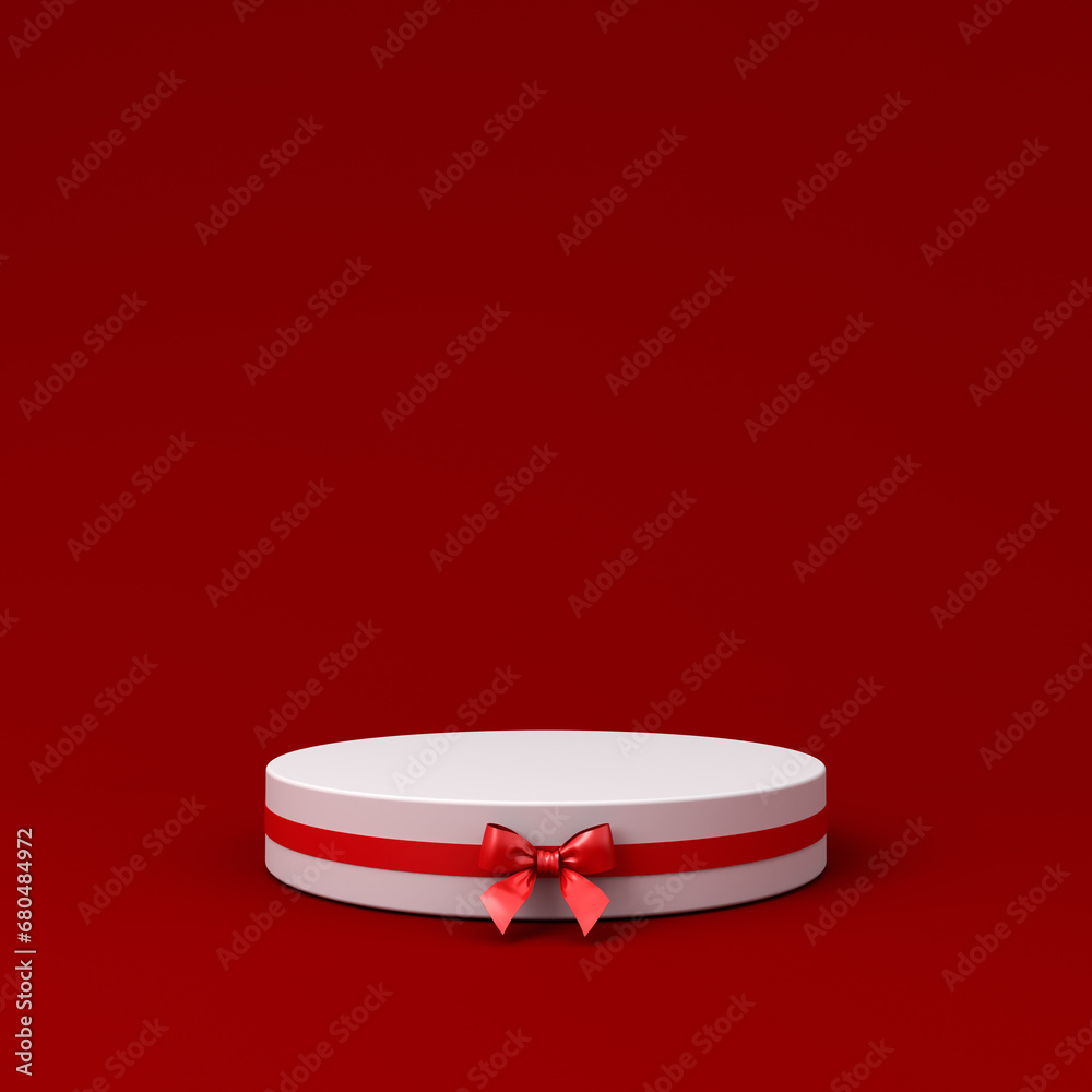 Leinwandbilder blank white round gift product podium display pedestal stand with red ribbon bow isolated on dark re