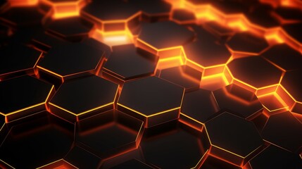Abstract background with black glowing honeycomb hexagons and fiery orange backlight