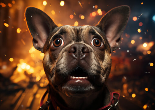 Dog scary of fireworks sad face

