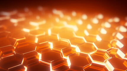 Abstract background with black glowing honeycomb hexagons and fiery orange backlight