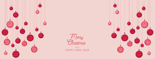 Merry Christmas and Happy New Year background. Vector handmade Christmas balls. Horizontal border with copy space. Suitable for email header, post in social networks, advertising, events and page cove