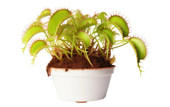 Carnivorous Venus flytrap plant in white ceramic pot, green insectivorous houseplant, botanical nature PNG asset isolated on Transparent Background
