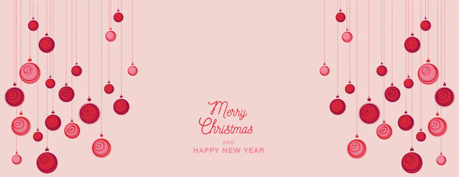 Merry Christmas and Happy New Year background. Vector handmade Christmas balls. Horizontal border with copy space. Suitable for email header, post in social networks, advertising, events and page cove