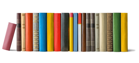 Row of colorful books isolated on white or transparent background