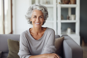 senior woman sitting on sofa in bright room - Powered by Adobe