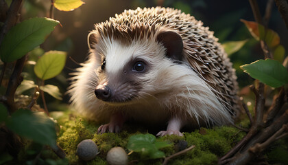 Fototapeta premium Tiny adorable hedgehog in a charming scene, generative AI