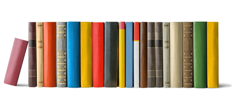 Row of colorful books isolated on white or transparent background