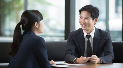 Businessman and businesswoman discussing work in the office. Asian people