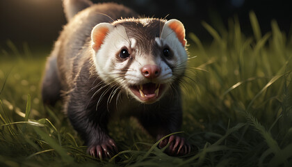 Curious ferret exploring a whimsical landscape, generative AI