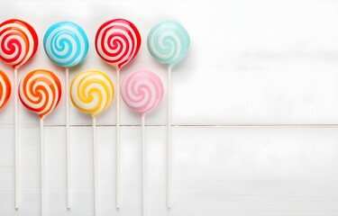 colorful striped lollipops on white wooden table for holiday greeting invitation card decor