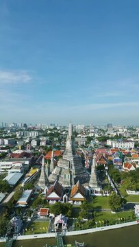 Wat Arun Ratchawararam Ratchawaramahawihan aerial view Temple of Dawn Buddhist templet in Bangkok, Thailand