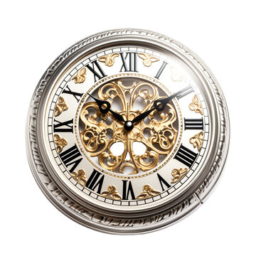 Timeless Elegance: Silver Ornamented Roman Numerals Clock Isolated on Transparent White Background, Embracing Classic Timekeeping.