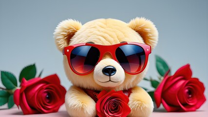 Obraz premium Teddy bear wearing sunglasses with red roses, AI generated