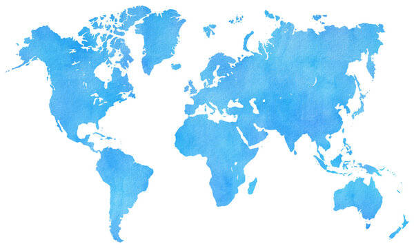 Watercolor world map on transparent background