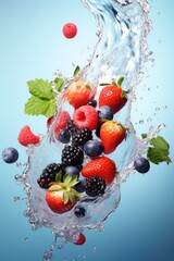 Flying mix berries with splash on blue background.