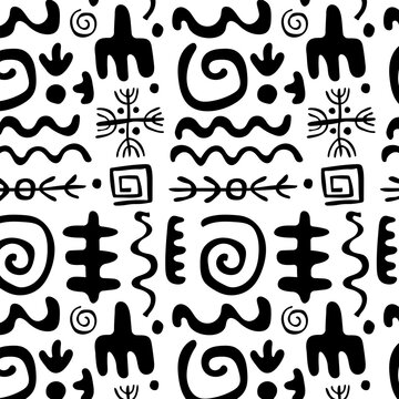 Seamless pattern with primitive ethnic ornaments, petroglyphs. Arrows, lines, spirals, circles. Patterns, drawings of ancient tribe, Stone Age. Design element for textiles, paper, fabrics, postcard