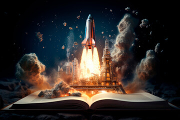 Open book and flying rocket. Elearning idea book and rocket concept of education and search for knowledge.