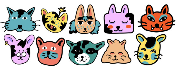 Obraz premium set of cats in vector.colored animal heads in doodle style.Template for sticker avatar poster flyer logo. Series of cats in flat style
