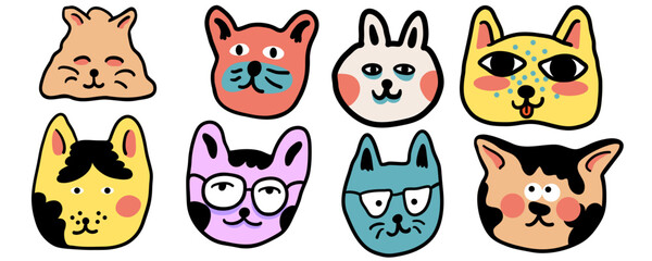 set of cats in vector.colored animal heads in doodle style.Template for sticker avatar poster flyer logo. Series of cats in flat style