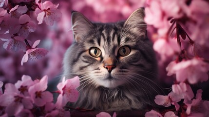 Naklejka na ściany i meble Springtime Cat: portrait of a cat with a flower