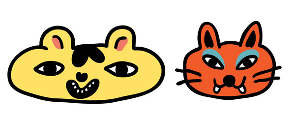 Obraz premium set of cats in vector.colored animal heads in doodle style.Template for sticker avatar poster flyer logo. Series of cats in flat style