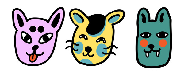 set of cats in vector.colored animal heads in doodle style.Template for sticker avatar poster flyer logo. Series of cats in flat style