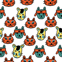 seamless pattern with cats in vector.colored wallpaper in doodle style.Template for background, printing on fabric and merch. A series of patterns with cat faces in flat style