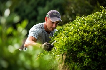 Landscaper trimming hedges. Great for stories on landscaping, gardening, self employment and more. 