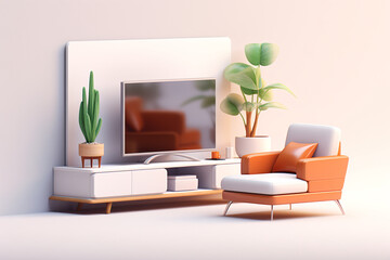 Soft interior sofa 3D rendering, creative geometric interior space axonometric concept illustration