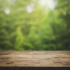 Foto op Plexiglas a wooden table top with a blurred green forest background. © Suplim