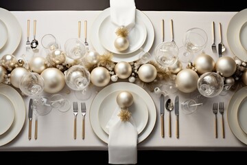 Christmas table setting with dishware, silverware and decorations on festive table. Top view.