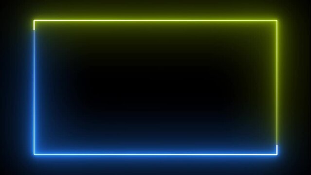 Neon rectangle frame or neon lights horizontal animation. Neon square frame with shining effects. Neon square yellow and blue color frame with highlights on a black background.
