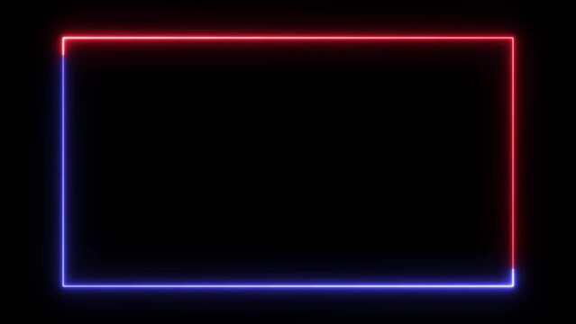 Neon rectangle frame or neon lights horizontal animation. Neon square frame with shining effects. Neon square red and blue color frame with highlights on a black background.