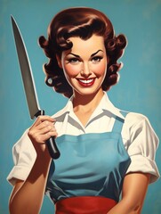 Pretty pin up young woman holding a knife. 50s style retro poster. Generative AI	