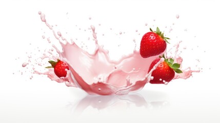 Milk strawberry cocktail splashes with strawberries background. Fresh summer food banner