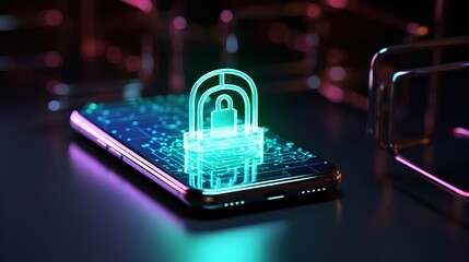 A futuristic representation of a blue padlock hologram projected above a smartphone screen, symbolizing advanced digital security and information protection technology for mobile devices.
