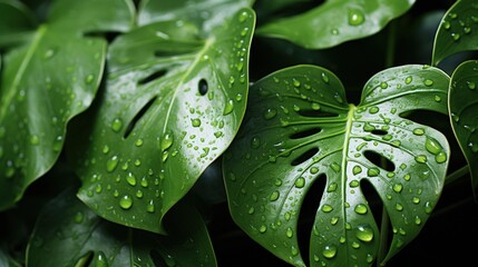 Obraz premium Close-up of green monstera leaves with water drops. Jungle wall background. Generative AI