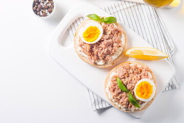 Toast with Canned Tuna. Fish open sandwich with egg and cheese. 