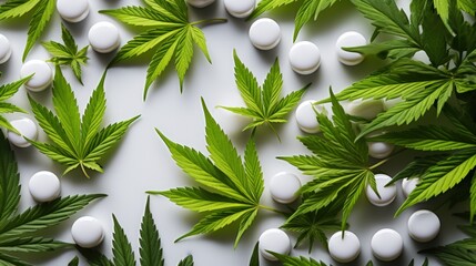 CBD cannabis pills and green hemp leaves on a light background. Copy space. Medical marijuana concept. Generative AI