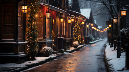 Christmas decorated snow street. Merry christmas card. Winter holiday theme background. Happy New Year.