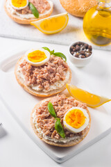 Toast with Canned Tuna. Fish open sandwich with egg and cheese. 